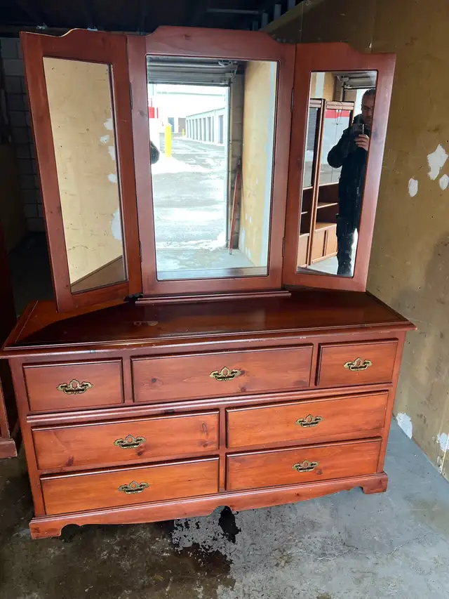 Free delivery used Wooden Dresser with Tri-Fold Mirror