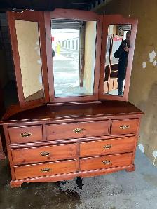 Free delivery used Wooden Dresser with Tri-Fold Mirror