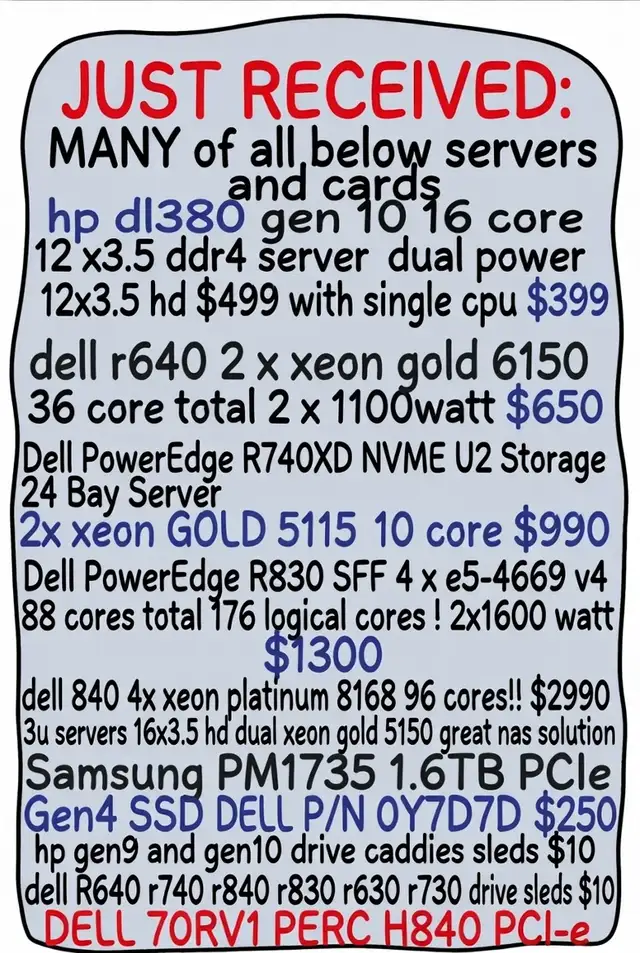 ddr4 servers LOOADED ai llm esxi  hp gen 10 $399 8 core $99 16c