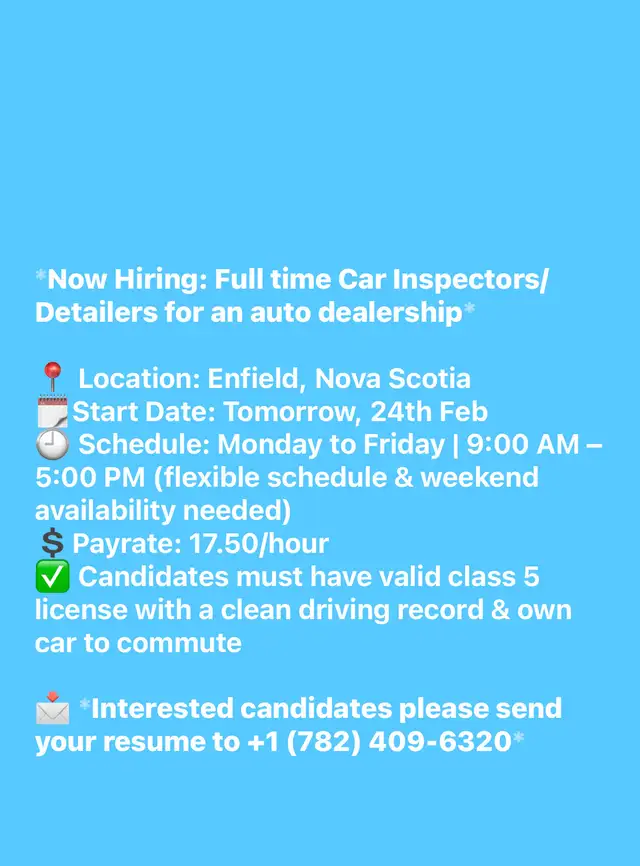 HIRING Car Inspectors/Detailers for an auto dealership