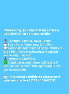 HIRING Car Inspectors/Detailers for an auto dealership