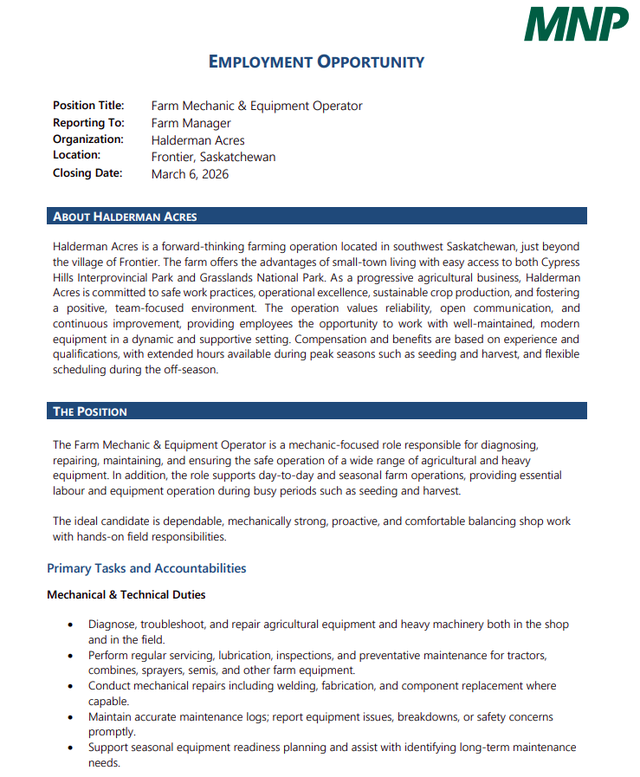 EMPLOYMENT OPPORTUNITY - Farm Mechanic & Equipment Operator