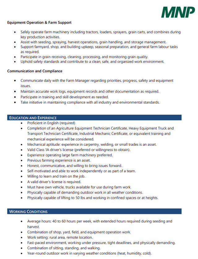 EMPLOYMENT OPPORTUNITY - Farm Mechanic & Equipment Operator - Photo 2