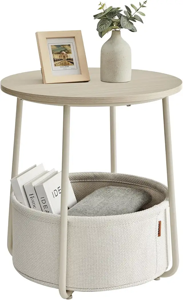 VASAGLE LILEA Round Side Table with Fabric Basket – Cream White