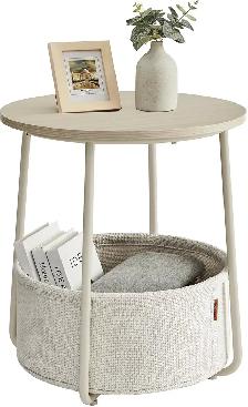 VASAGLE LILEA Round Side Table with Fabric Basket – Cream White