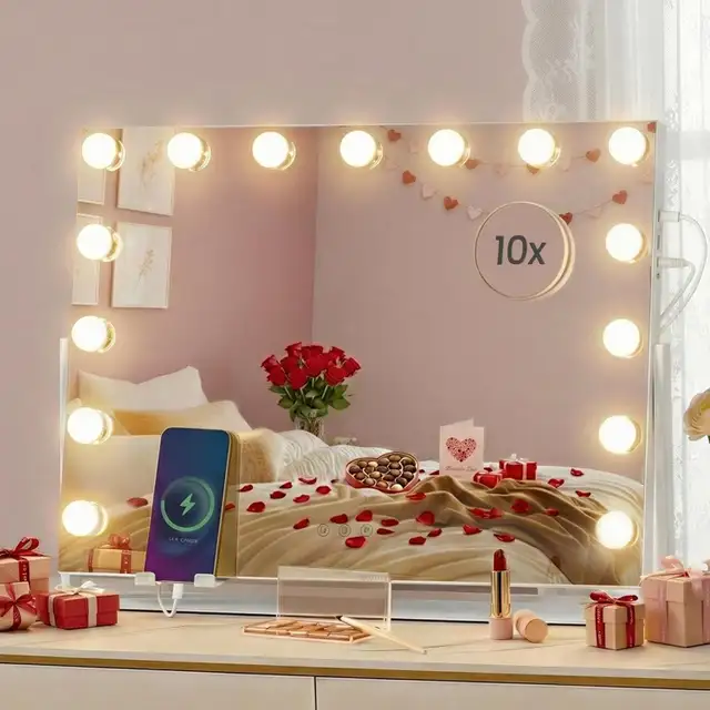 LED Vanity Mirror with Phone Holder & Charging Ports