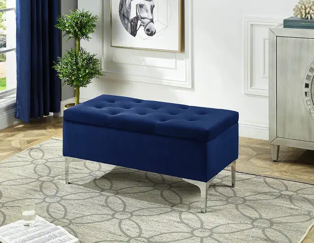 RECTANGULAR VELVET STORAGE OTTOMAN IN BLUE AND CHROME