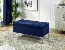 RECTANGULAR VELVET STORAGE OTTOMAN IN BLUE AND CHROME