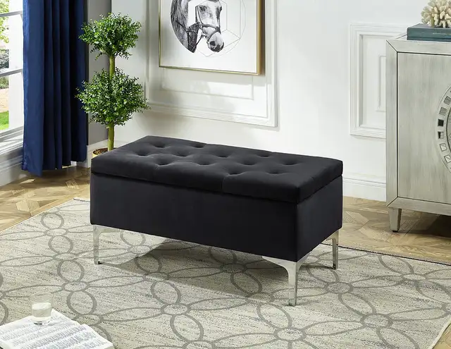 RECTANGULAR VELVET STORAGE OTTOMAN IN BLUE AND CHROME - Photo 4