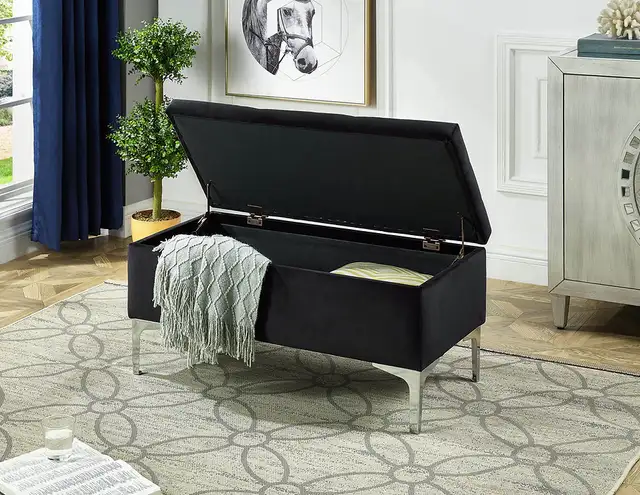 RECTANGULAR VELVET STORAGE OTTOMAN IN BLUE AND CHROME - Photo 5