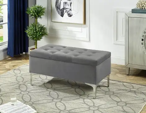 RECTANGULAR VELVET STORAGE OTTOMAN IN BLUE AND CHROME - Photo 6