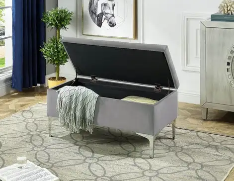 RECTANGULAR VELVET STORAGE OTTOMAN IN BLUE AND CHROME - Photo 7