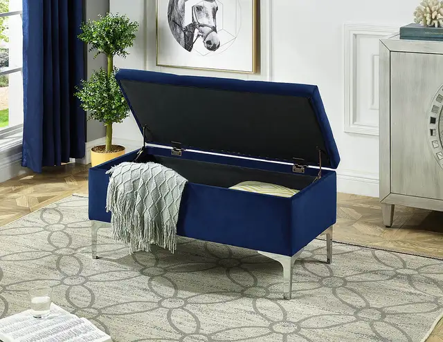 RECTANGULAR VELVET STORAGE OTTOMAN IN BLUE AND CHROME - Photo 9