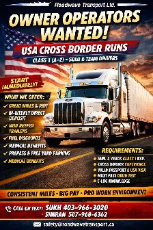 Hiring Class 1 owner operator for cross border runs