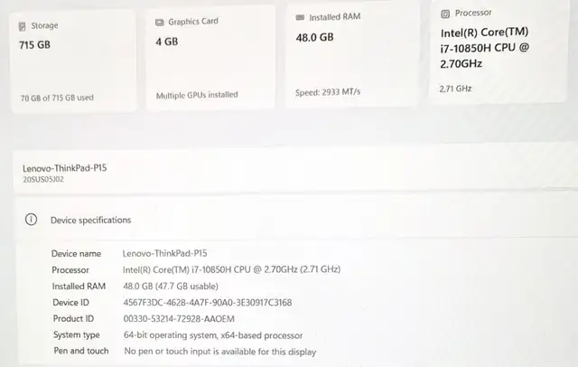 ThinkPad-P15 i7 10th 48GB 750GB 1000T GPU 4GB  15' HD Win 11 Pro - Photo 3