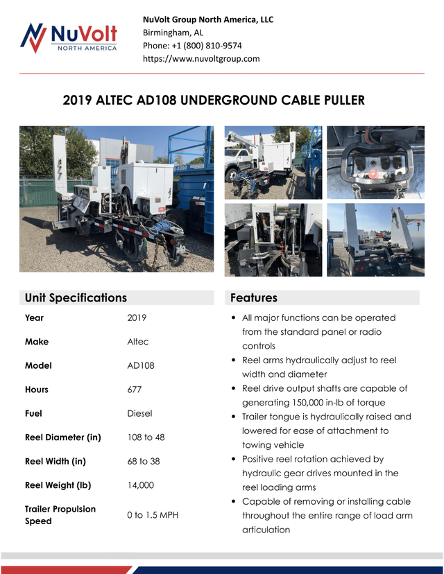 2019 Altec AD108 Underground Cable Puller