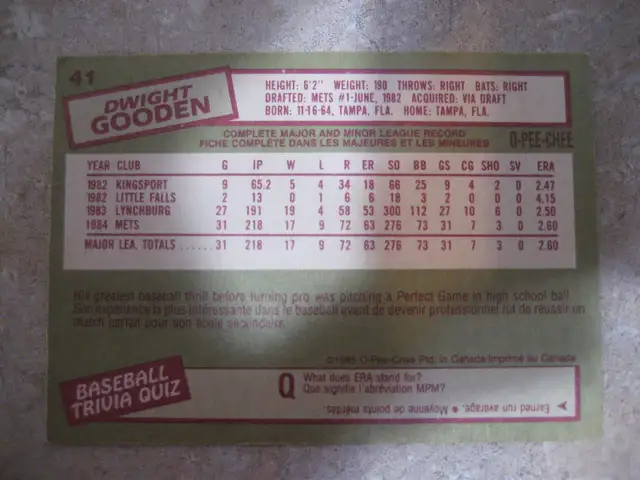 1985 O-Pee-Chee # 41 Dwight Gooden Rookie Card - Photo 2