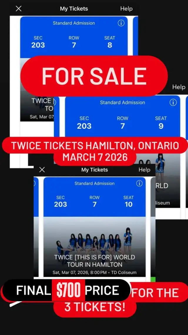 URGENT NEED GONE NOW - TWICE TICKETS (3) - HAMILTON MARCH 7 2026