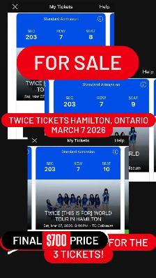 URGENT NEED GONE NOW - TWICE TICKETS (3) - HAMILTON MARCH 7 2026