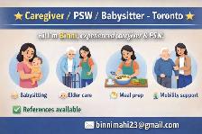 Caregiver / PSW / Babysitter – Available for Home Support