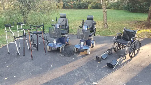2 Mobility Scooters, Wheelchair & 3 Different Types of Walkers