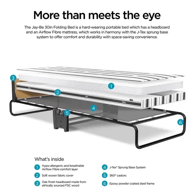 JAY-BE FOLDING BED WITH 4' AIRFLOW FIBRE MATTRESS MADE IN UK. - Photo 6