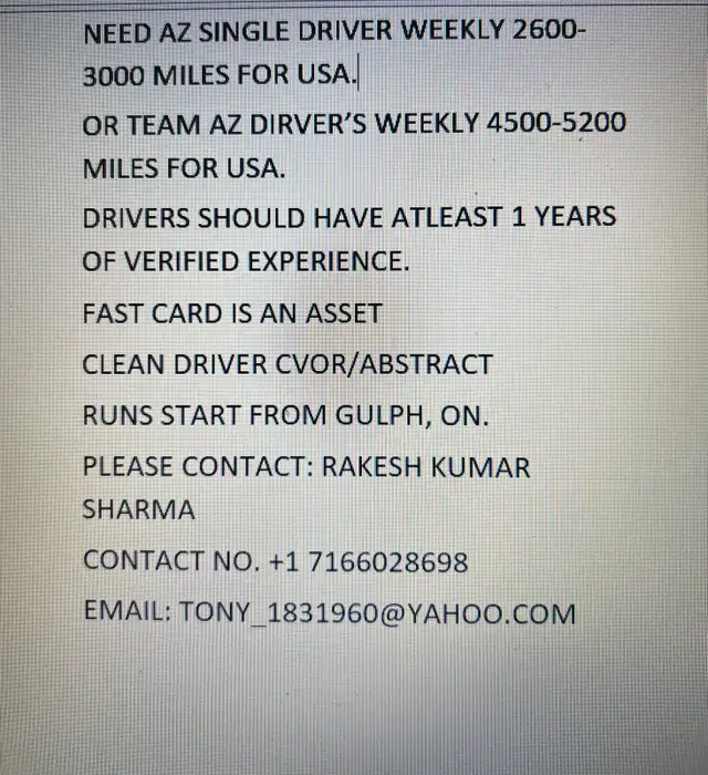 A Single driver/ AZ team needed