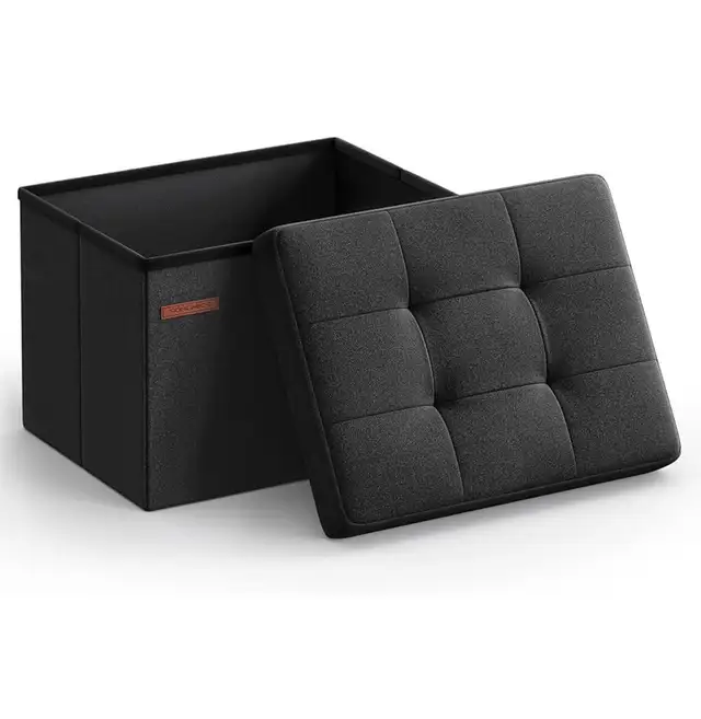 SONGMICS Foldable Storage Ottoman – Linen Look (32L Capacity)