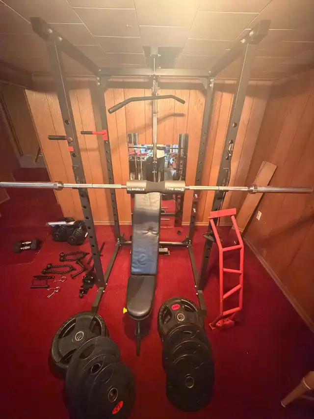 Complete Home Gym: Peloton, Rack, Bowflex 10-90, 420lb Plates