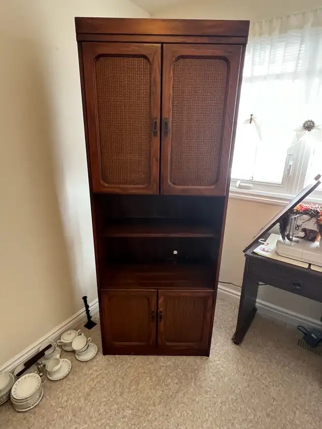 Free delivery used Wooden Bookcase with Cane Inlay Doors - Photo 6