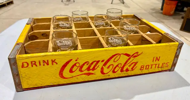 Vintage Yellow Wooden "Coca-Cola" Crate (w 7 Original Glasses!)