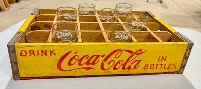 Vintage Yellow Wooden "Coca-Cola" Crate (w 7 Original Glasses!) - Photo 2