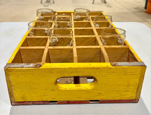 Vintage Yellow Wooden "Coca-Cola" Crate (w 7 Original Glasses!) - Photo 3