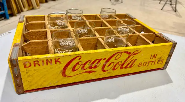 Vintage Yellow Wooden "Coca-Cola" Crate (w 7 Original Glasses!) - Photo 4