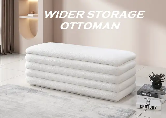 OTTOMAN /STORAGE BENCH SOFT WHITE TEDDY BEAR FABRIC.