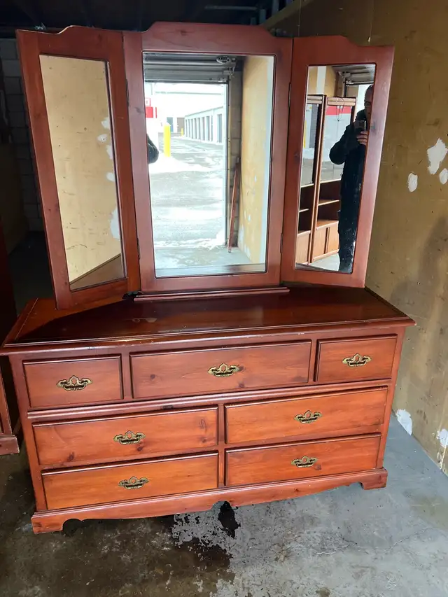 Free delivery used Wooden Dresser with Tri-Fold Mirror - Photo 2