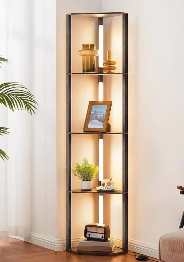 Modern LED Corner Floor Lamp with 4-Tier Shelves
