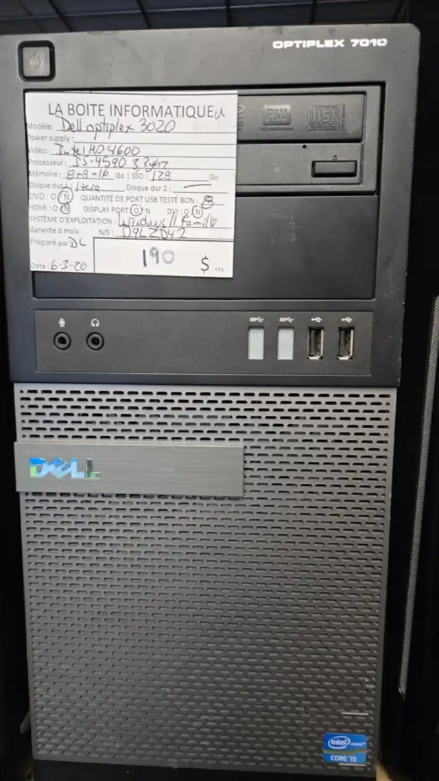 PC de bureau Dell OptiPlex 3020 i5-4590 3,3Ghz 16Go SSD 128G 1To