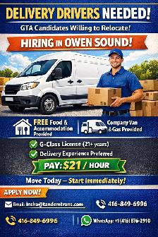 Delivery Drivers – GTA to Owen Sound (Accommodation provided)