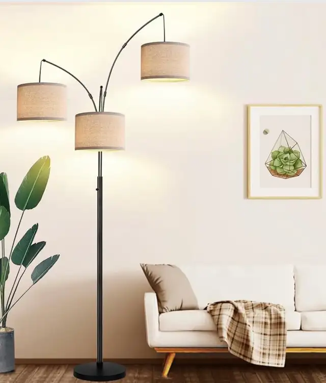 Modern 3-Light Arc Floor Lamp – Matte Black with Linen Shades