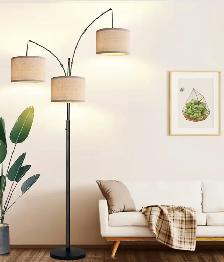 Modern 3-Light Arc Floor Lamp – Matte Black with Linen Shades