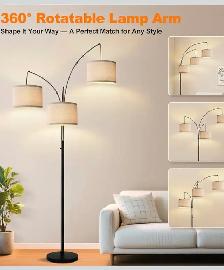 Modern 3-Light Arc Floor Lamp – Matte Black with Linen Shades - Photo 5