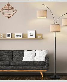 Modern 3-Light Arc Floor Lamp – Matte Black with Linen Shades - Photo 7