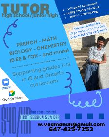 Online Tutor–Grades 7–12 | Math, Science, French & IB on offer