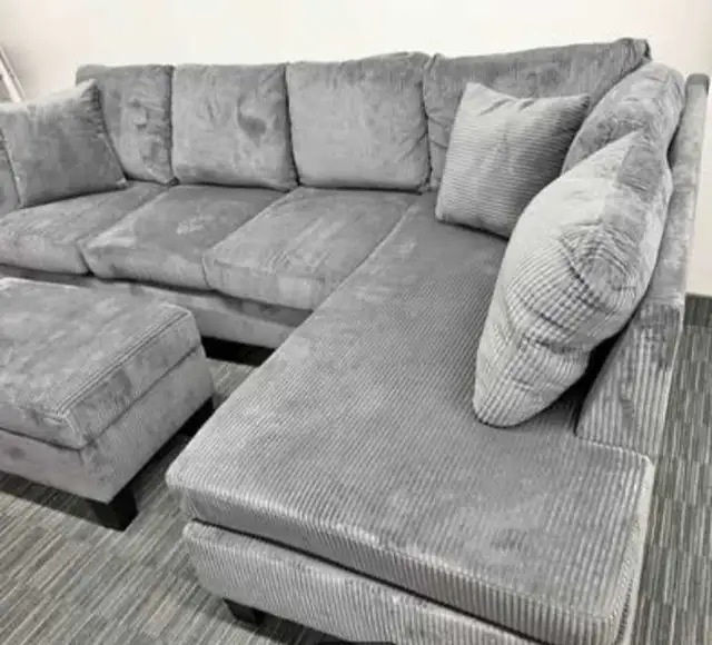 Gray Corduroy Sectional Sofa with Chaise & Ottoman