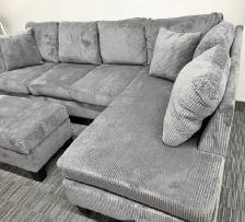 Gray Corduroy Sectional Sofa with Chaise & Ottoman
