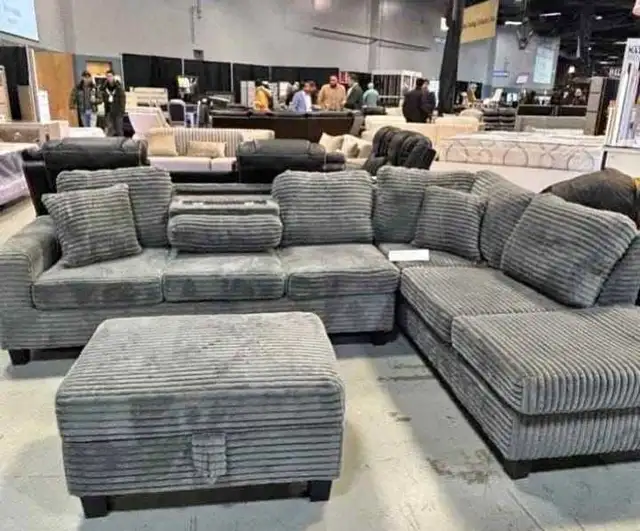 Corduroy 6 seater sectional couch with ottoman