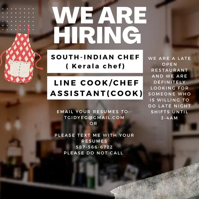 ASAP hiring South Indian Cooks , Kitchen helpers & Dishwasher
