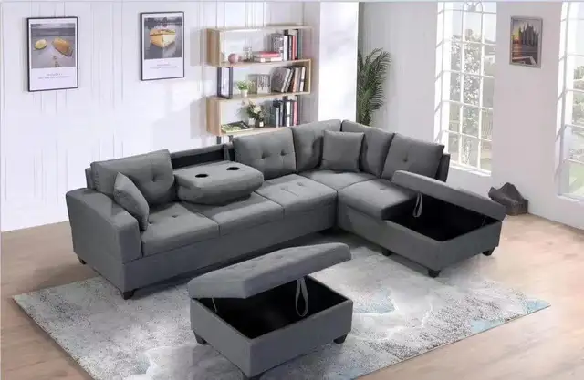 Brand New Grey  Fabric Sectional Sofa with Cup Holder Clearance