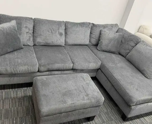 Gray Corduroy Sectional Sofa with Chaise & Ottoman